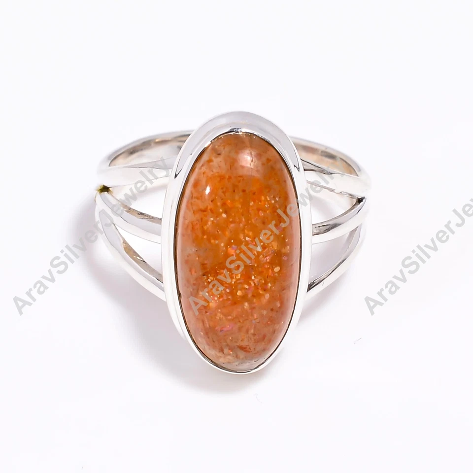 Natural Sunstone Ring 925 Sterling Silver Statement Boho Rings Gift Jewelry - Image 3 of 4