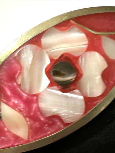 Vintage Inlay Enamel Bracelet Pink White Mosaic Abalone Shell MOP Mexico 6 1/2" - Picture 3 of 11