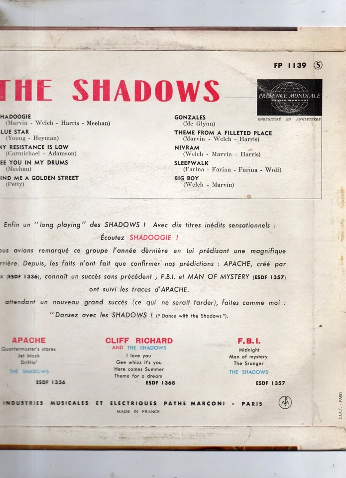 Shadows (the) "Dance with the Shadows" 33 t 25 cm - LP Columbia - 1961 - Photo 2/2