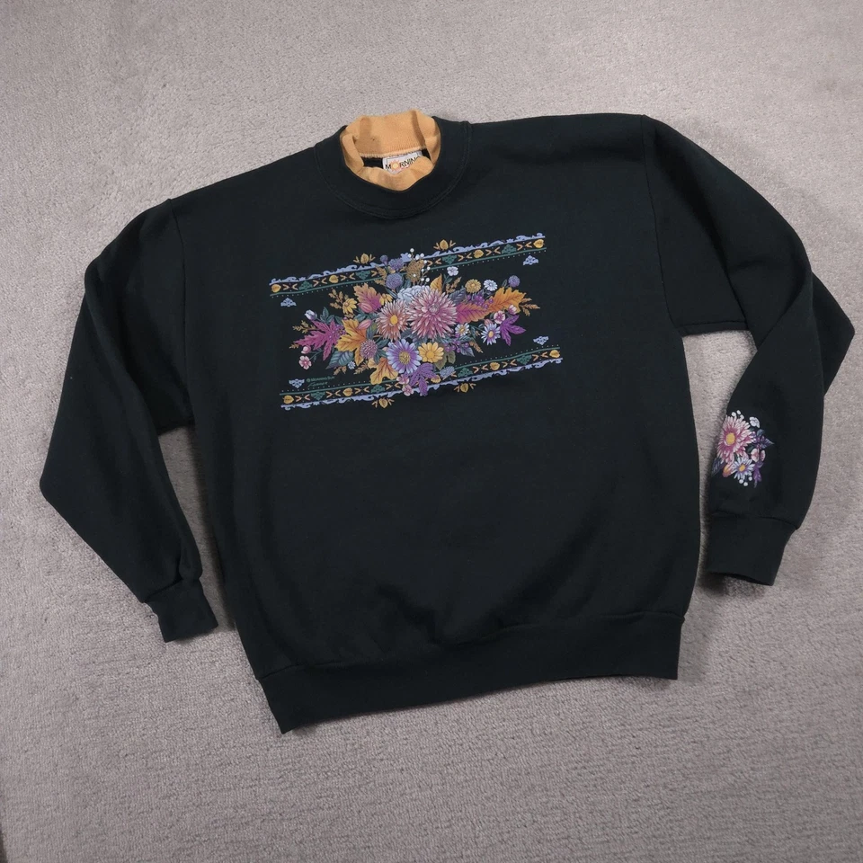 VINTAGE Morning Sun Sweatshirt Womens Large Green Floral Mock Neck Made USA 90s - Image 2 of 4