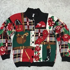 The Eagles Eye Sweater Women Medium Equatrian Patchwork Vintage 90s Cardigan
