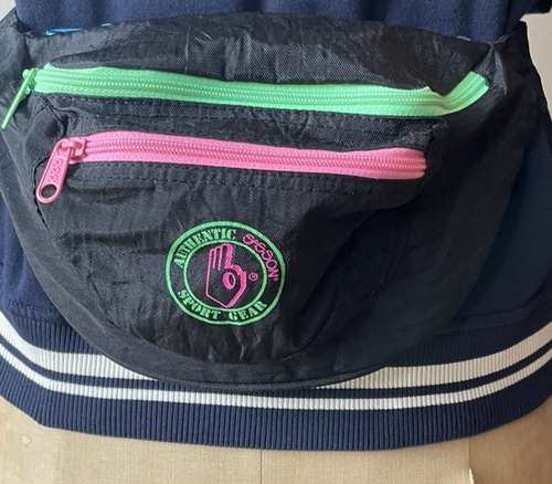 Vintage 90s Sasson Bright Neon Trim Black Fanny Pack Belt Bag 3 Zipper Pockets - Picture 2 of 8