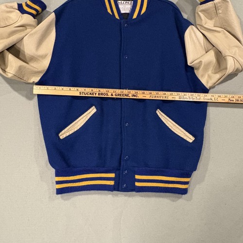 VTG DeLong Varsity Jacket Mens XL Blue Leather Sleeves Wool Letterman Made USA - Picture 7 of 11