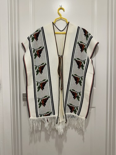 Vintage Poncho Tie Front Cape Serape Boho Fringe Sweater Bird Southwestern - Imagen 2 de 18