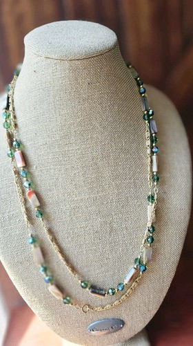 Vtg Napier Gold Plated 60" Faceted AB Green Glass Bead Mop Abalone Necklace - Picture 19 of 24