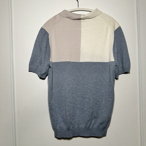 REISS Men's Blue & Cream Port Luxury 1/4 Zip Wool & Cotton Classic Polo- Large - Picture 7 of 11