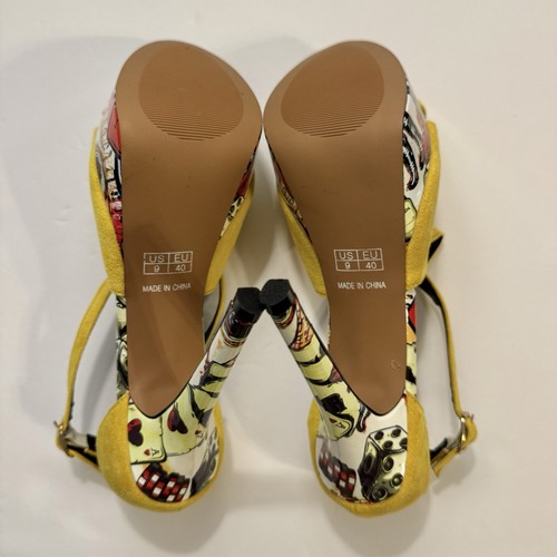Stiletto Heels 5.5” Shoes Gambling Cards Dice Yellow Gold Faux Suede Sz 9 Casino - Picture 3 of 12