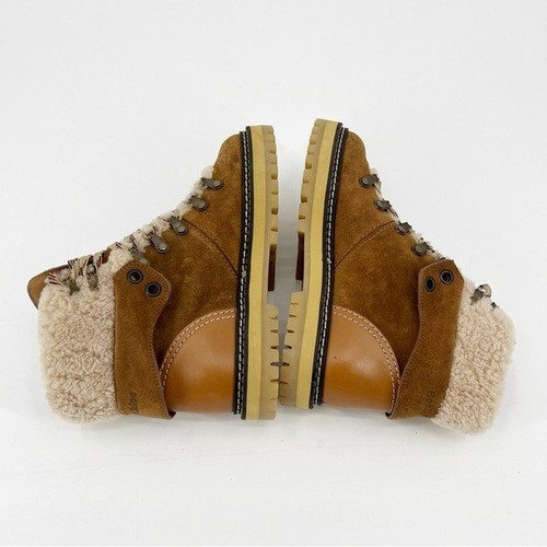 See by Chloe Low Flat Eileen Shearling Hiker Boots 37-US 7 Suede/Calfskin Tan - Picture 7 of 11