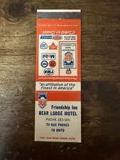 D16 Vintage Matchbook Cover Friendship Inn Bear Lodge Motel Mobil Gas Conoco