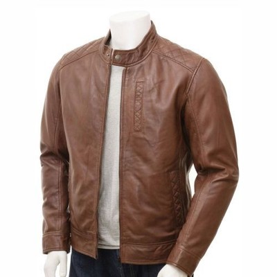 Men s Brown Genuine Leather Biker Jacket   Slim Fit Moto Style Zip-Up