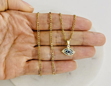 14K Solid Yellow Gold Blue Evil Eye Pendant Necklace - 18" Figaro Chain - PT1717