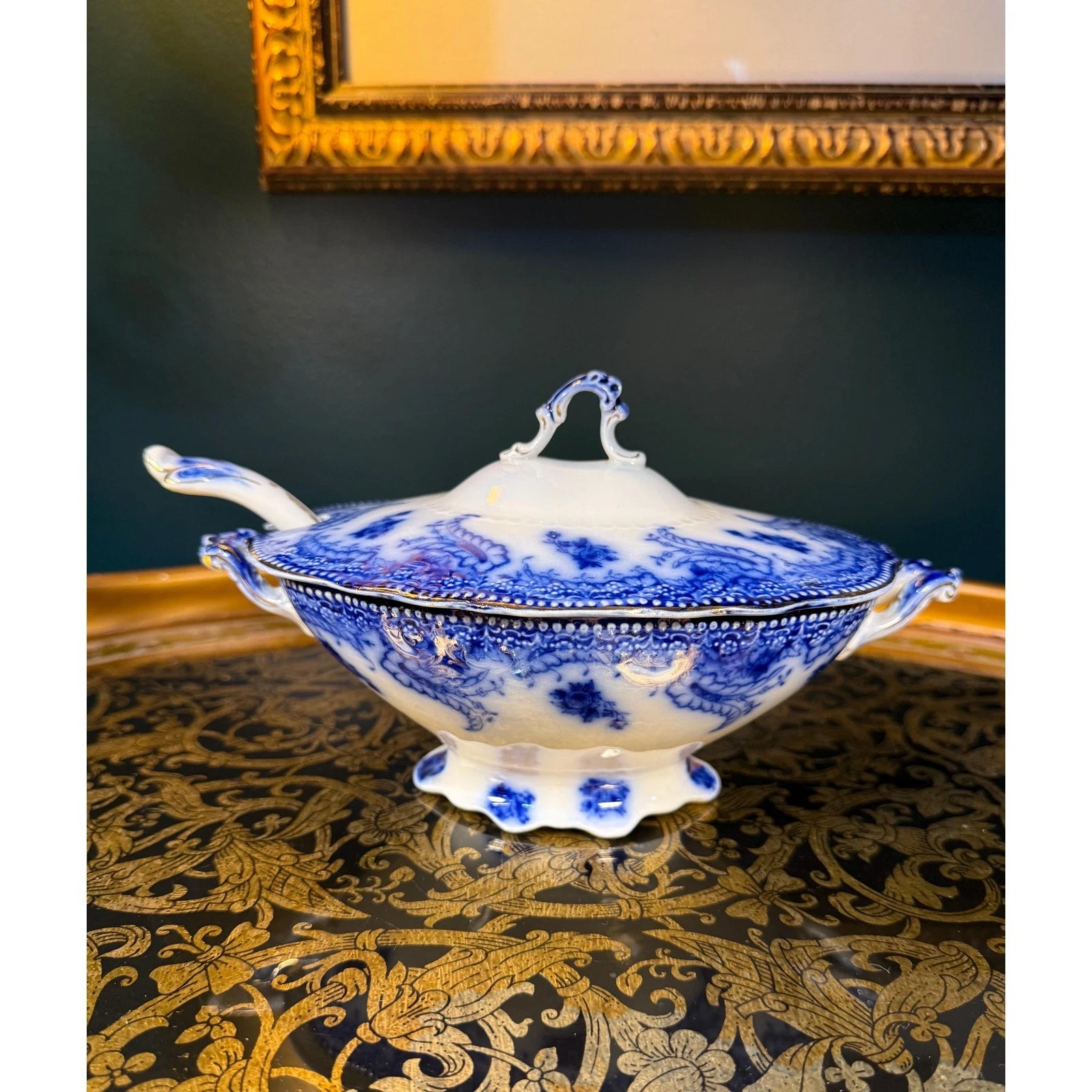 Rare Flow Blue Tureen: Antique Staffordshire Ashburton Pattern with Ladle