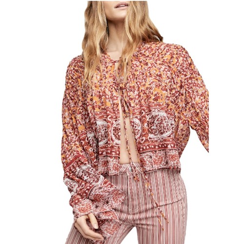 Free People Lorraine Tiered Tie Front Kimomo Crochet Inserts Floral S NWT $148 - Picture 2 of 12
