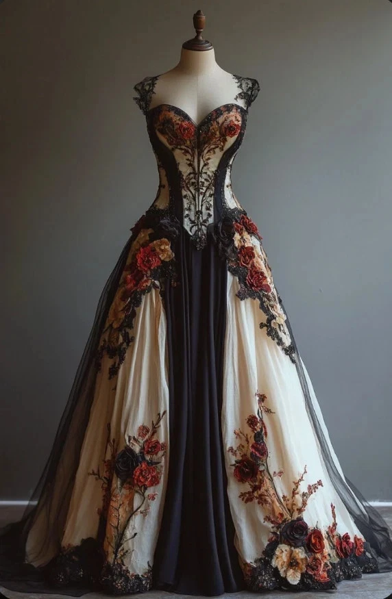 Vintage Gothic Black and Champagne Wedding Dresses 3D Flowers Bridal Gowns - Image 3 of 4