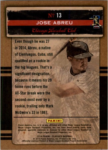 2014 Classics Legendary Lumberjacks #13 Jose Abreu - NM-MT - Picture 2 of 2