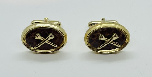 GOLF Cufflinks Leather Background Gold Tone Tees Men’s Oval - Picture 8 of 11