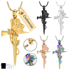 Cross Urn Necklace for Ashes Rose Flower Cremation Necklace Memorial Cross Urns