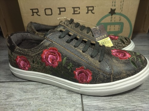 ROPER Leather Shoes Women's size 8 Lace Up Madeline Brown Embroidered Rose New