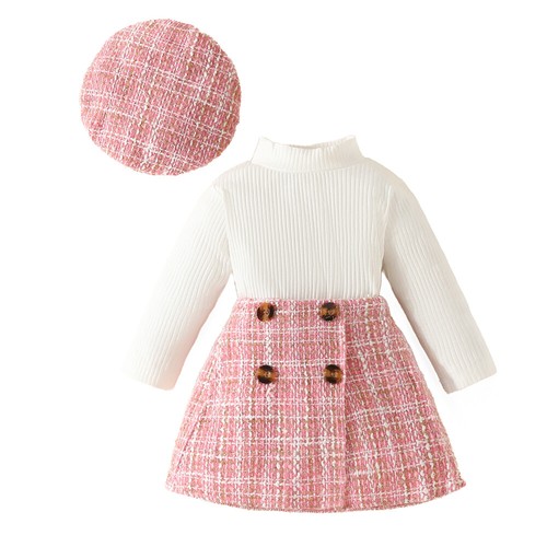 Winter Cute Kid Girl Solid Long Sleeve Pullover T-shirts Plaid Skirts Outfit Set - Picture 17 of 22