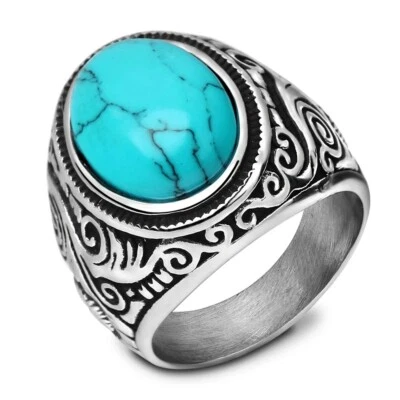 BAGUE PIERRE TURQUOISE BLEU CHEVALIERE SAINT BARTH JOHNNY HALLYDAY ACIER - Photo 1/4