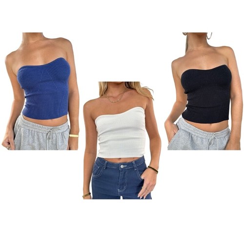 Damen Herzausschnitt Crop Röhre Top Sommer Rippstrick Wickel Brust Trägerlos Weste