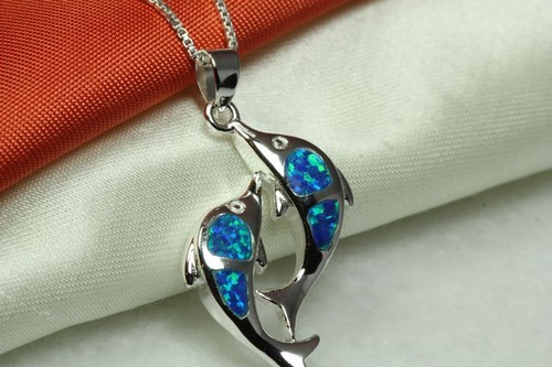 SCHÖNER DOPPEL DOPPHIN OPAL INLAY HALSKETTE ANHÄNGER 925 STERLING SILBER~OP25~BLHM - Bild 5 von 6