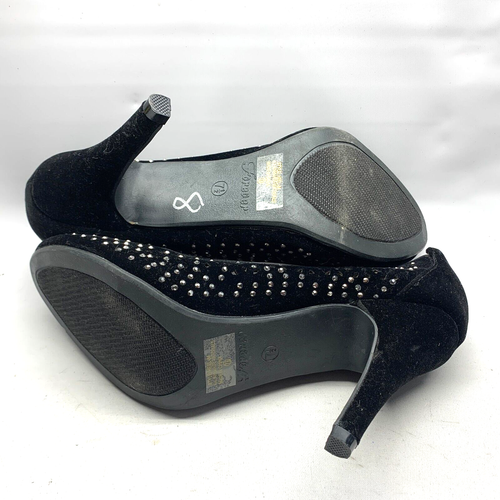 Forever Women Size 7.5 M Black Faux Suede Perforated Rhinestones 3" Heels Shoes - Picture 7 of 10