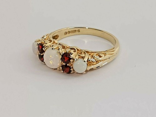 9ct 375 yellow GOLD OPAL & GARNET RING 7 gemstone scroll set - Picture 7 of 12