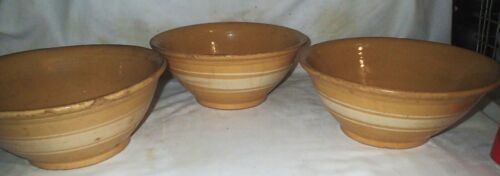 ANTIQUE 3 PIECE BANDED YELLOW WARE MIXING BOWL SET COUNTRY HOME KITCHEN BAKING - Picture 9 of 15