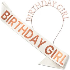 Birthday Girl Party White Glitter Sash and Tiara White Rose Gold 33.5x3.7"