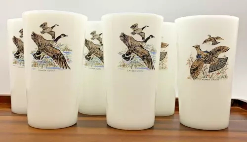 Set of 6 Vintage Game Bird 5" Canada Goose Grouse Tumblers 11 oz Milk Glass Cups