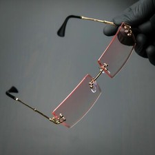 Pink Tinted Rimless Rectangular Rose Gold Frame Unisex Square Summer Sunglasses