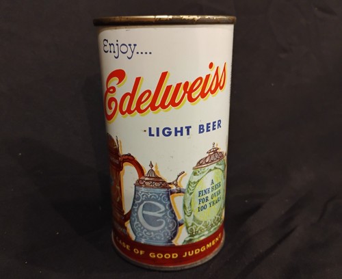 Very Nice EDELWEISS Bott Opened Flat Top Beer Can Drewrys South Bend Schoenhofen