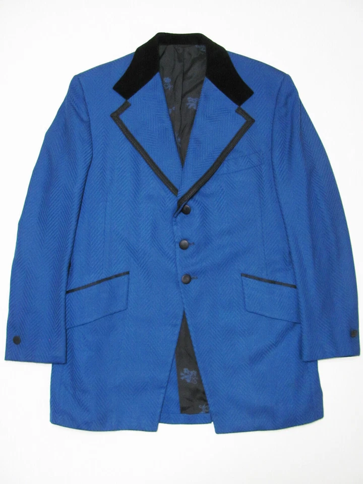 Vintage LORD WEST BLUE HERRINGBONE 70s TUXEDO JACKET Blazer Velvet Collar M 40L. - Image 3 of 4
