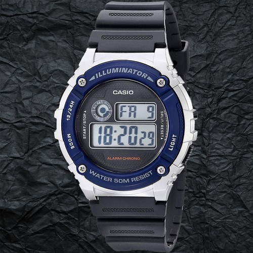 Casio W216H-2AV Herren Schwarz Resin 50M WR Uhr LED Licht Alarm Chronograph Neu