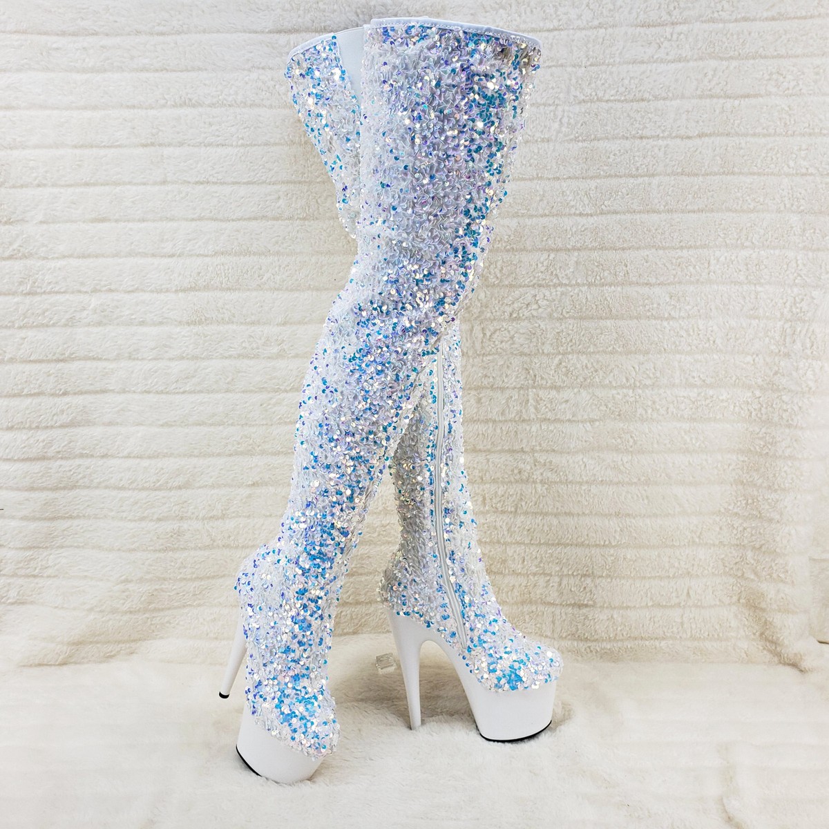White glitter thigh high boots top