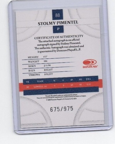 Stolmy Pimentel Auto Autograph # 675 / 975 Boston Redsox 2008 Donruss Threads - Picture 2 of 2