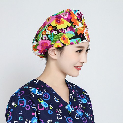 Bouffant Scrub Cap with Sweatband Ponytail Hats One Size Head Cover Floral Print - Picture 268 of 274