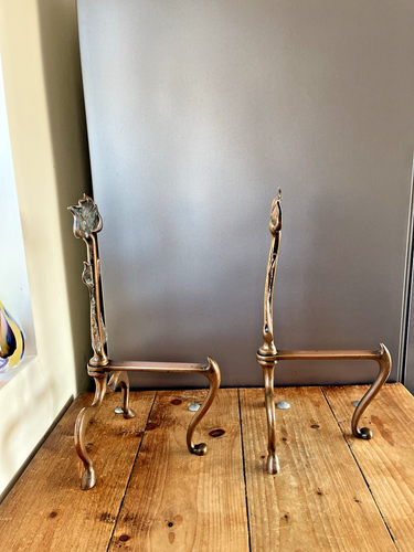 SUPERB PAIR OF BRONZE ANTIQUE ART NOUVEAU SECESSIONIST FLORAL FIRE DOGS ANDIRONS - Picture 11 of 17