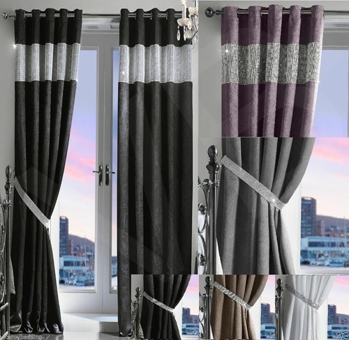 DIAMANTE THERMAL BLACKOUT PAIR CURTAINS READY MADE EYELET RING TOP FULLY LINED - Picture 2 of 21