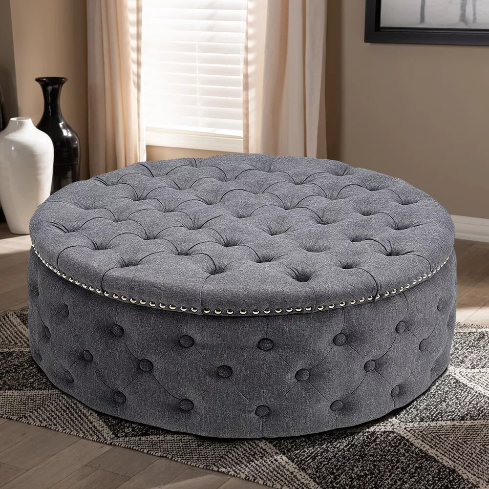 Round Stool Upholstered Chesterfield Coffee Table Footstool Studded Ottoman Seat