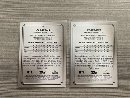 Lot of (2) 2022 Bowman Platinum Baseball CJ Abrams RC #14 Washington Nationals - Picture 2 of 2