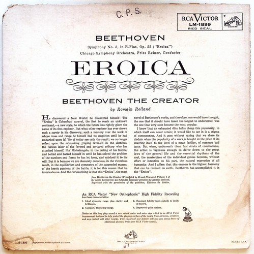 BEETHOVEN, CHICAGO SYMPHONY ORCHESTRA, FRITZ REINER – EROICA VINYL LP 221-104 - Picture 2 of 4