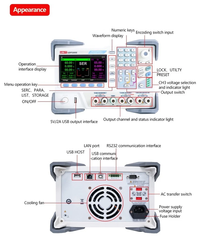 UNI-T UDP3305S UDP3305S-E programmable linear DC power supply, 4CH 328W 30V 5A - Bild 2 von 4