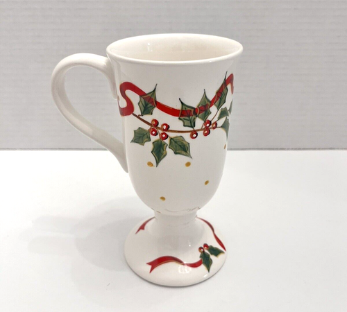 Sonoma Christmas Coffee Tea Latte Mug Holly Berries Red Ribbon Footed Pedestal - Picture 2 of 19