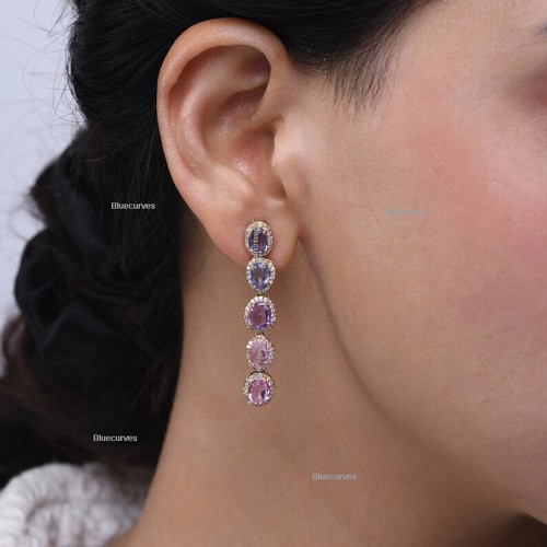 Rainbow Sapphire Gemstone Diamond 14K Solid Gold Drop Dangle Earrings Jewelry - Picture 7 of 7