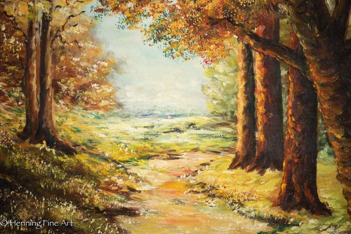 Beautiful Vintage Oil Painting of Autumn Wooded Landscape w/ Forest Path, Signed - Picture 7 of 9