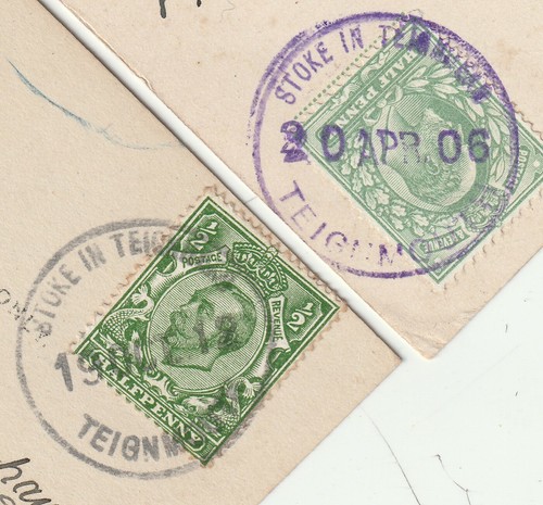 1906/12 DEVON x 2 STOKE IN TEIGNHEAD TEIGNMOUTH VIOLET & BLACK RUBBER POSTMARKS - Picture 2 of 3