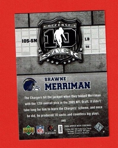 2006 Upper Deck 10 SACK CLUB insert # 10S-SM Shawne Merriman SAN DIEGO CHARGERS - Picture 2 of 3