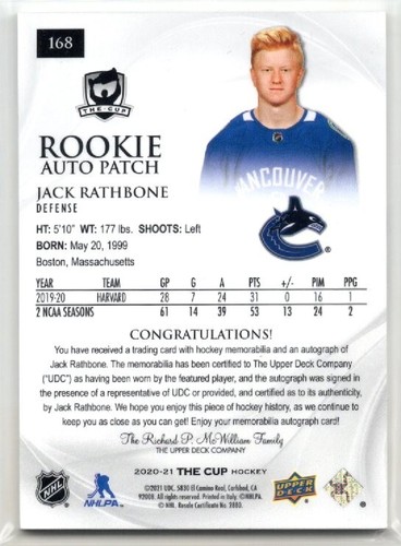 2020-21 The Cup Jersey Auto Rookie #168 Jack Rathbone 206/249 Vancouver Canucks - Picture 2 of 2